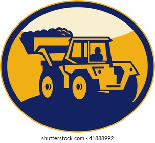 mechanical digger/loader or bulldozer enclosed in an ellipse or circle done in two (2) colors.