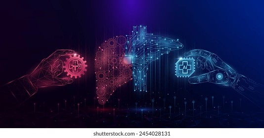 Mechanisches digitales Leberorgan. Getriebe mit elektronischer Schaltung. Rakelroboter mit Zahnradchip AI. Zusammenarbeit zwischen Cyborg und medizinischem Personal. Innovation Gesundheitstechnologie futuristisch. Vektorgrafik.