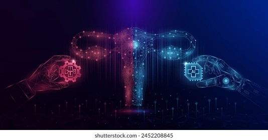 Mechanical digital uterus female. Gear with electronic circuit. Doctor robot holding cogwheel chip AI. Collaboration cyborg and medical personnel. Innovation health care technology futuristic. Vector.