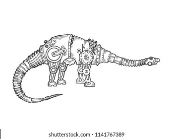 Mechanical Diplodocus dinosaur animal engraving vector illustration. Scratch board style imitation. Black and white hand drawn image.