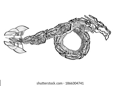 
mechanical dragon, cyborg, tail sail