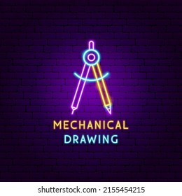 Etiqueta de neón de dibujo mecánico. Ilustración vectorial de la promoción de la brújula.