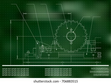 Mechanical drawings. Engineering illustration background. Green. Points