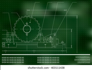 Mechanical drawings on a green and white background. Engineering illustration. Vector. Points
