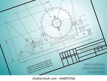 Mechanical drawings on a  light blue background. Engineering illustration. Frame