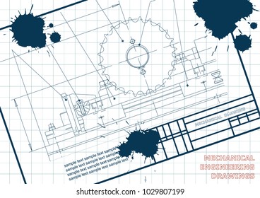 Mechanical drawings on a  white background. Engineering illustration. Frame. Draft. Ink. Blots