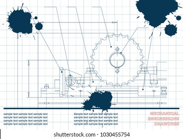 Mechanical drawings on a white background. Engineering illustration. Draft. Ink. Blots