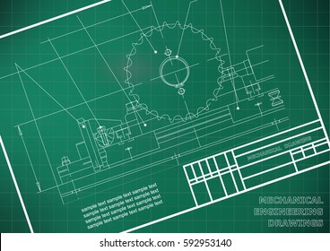 Mechanical drawings on a  white background. Engineering illustration. Frame. Light green. Grid