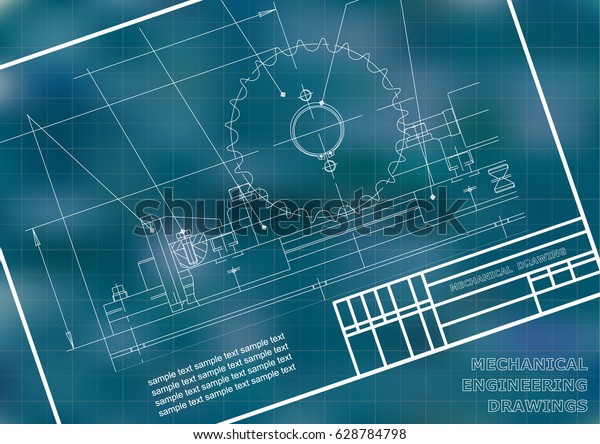 Mechanical drawings on a  white background.
Engineering illustration. Frame. Blue.
Grid
