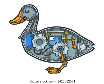 Mechanical duck bird animal color sketch engraving vector illustration. Scratch board style imitation. Black and white hand drawn image.