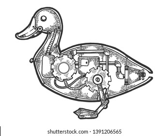 Mechanical duck bird animal sketch engraving vector illustration. Scratch board style imitation. Black and white hand drawn image.