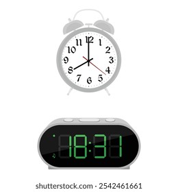 Mechanical and electronic clock. Alarm clock and digital electronic clock isolated on white background. Vector illustration
