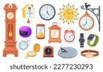 Mechanical and electronic clocks. Cartoon various clock, watch type evolution quartz wristwatch or old analog timepiece, retro chronometer of time measure, neat vector illustration