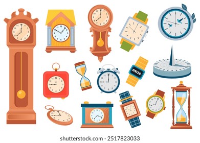Mechanical and electronic clocks set elements in flat graphic design. Bundle objects of vintage floor clocks, electronic wall time device, hourglass, table alarms, sundial, other. Vector illustration.