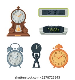Mechanical and electronic clocks for time measurement collection cartoon vector illustration