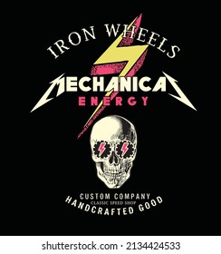 mechanical energy .Iron Wheels.biker graphic design. skull and lightning 