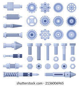 Mechanical engine industrial pulley, screw, bolt cog and cogwheel. Hydraulic machines parts, screws and nuts vector illustration. Machinery bolts and gears. Mechanical industry screw