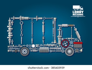 Mechanical Engine Parts Arranged Into Silhouette Of A Truck With Wheels, Steering Wheel, Battery, Speedometer And Fasteners. For Lorry Mechanic Or Transportation Service Design