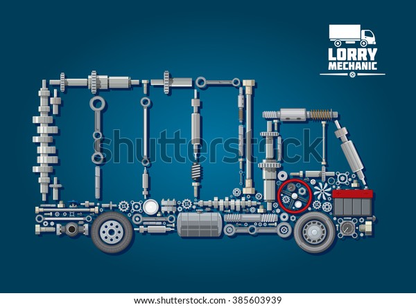 Mechanical\
engine parts arranged into silhouette of a truck with wheels,\
steering wheel, battery, speedometer and fasteners. For lorry\
mechanic or transportation service\
design