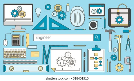 Mechanical engineer banner with search bar, thin line objects and work tools on a desktop