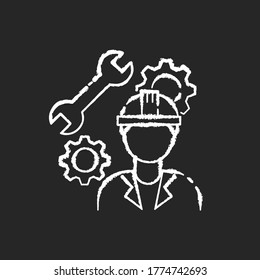 Mechanical engineer chalk white icon on black background. Professional repairman. Technician to work in facility on heavy machinery. Manufacturing work. Isolated vector chalkboard illustration