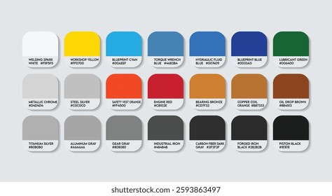 Mechanical Engineer Color Guide Palette with Color Names. Catalog Sample Mechanical Engineers with RGB HEX codes and Names. Mechanical Engineer Color Palette, plastic, silver, metal Color Palette.