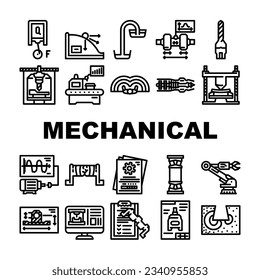 iconos de la industria de ingeniería mecánica establecen el vector. máquina de tecnología, trabajo de maquinaria, planos de fábrica, construcción de motores, ilustraciones de contorno negro de la industria de ingeniería mecánica de trabajadores