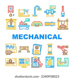 mechanical engineer industry icons set vector. technology machine, machinery work, factory blueprint, engine construction, worker mechanical engineer industry color line illustrations