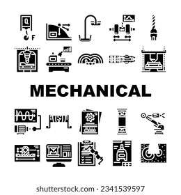 mechanical engineer industry icons set vector. technology machine, machinery work, factory blueprint, engine construction, worker mechanical engineer industry glyph pictogram Illustrations