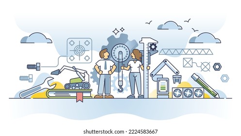 Trabajo de ingeniero mecánico con el concepto de esquema de conocimientos técnicos especializados. Desarrollo de trabajo de máquina y plano de medidas precisas para la ilustración vectorial de esbozo de plano. Carrera profesional.