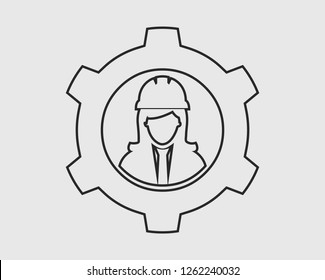 Mechanical Engineer line Icon. Female Symbol with Gear Sign