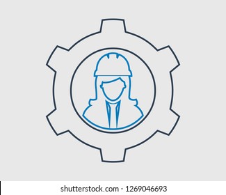 Mechanical Engineer line Icon. Female Symbol with Gear Sign