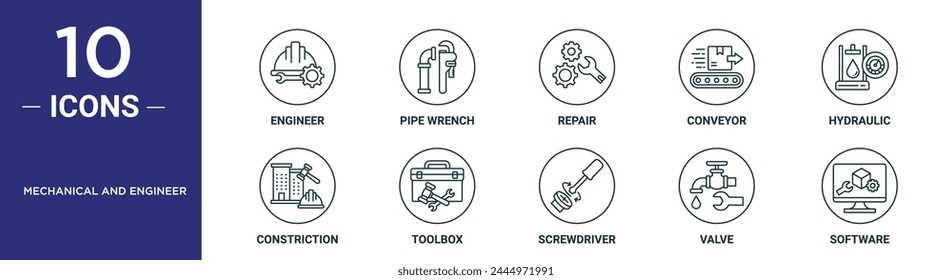 mechanical and engineer outline icon set includes thin line engineer, pipe wrench, repair, conveyor, hydraulic, constriction, toolbox icons for report, presentation, diagram, web design