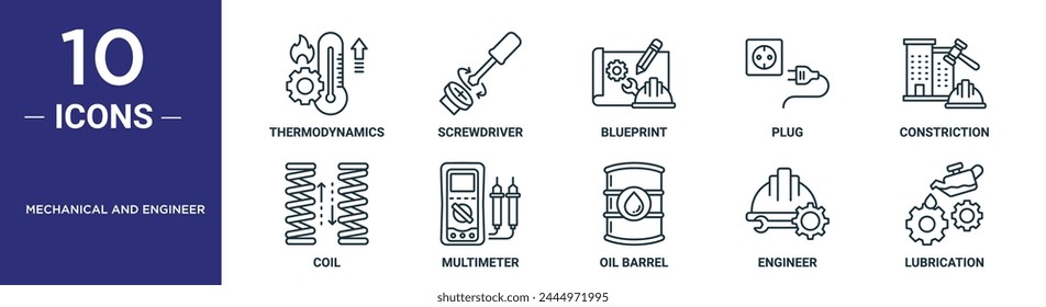 mechanical and engineer outline icon set includes thin line thermodynamics, screwdriver, blueprint, plug, constriction, coil, multimeter icons for report, presentation, diagram, web design