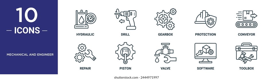 mechanical and engineer outline icon set includes thin line hydraulic, drill, gearbox, protectiion, conveyor, repair, piston icons for report, presentation, diagram, web design