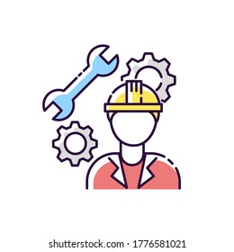 Mechanical engineer RGB color icon. Professional repairman. Technician to work in facility on managing heavy machinery. Manufacturing work. Male constructor. Isolated vector illustration