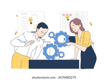 Mechanical engineer team simple. Man and woman with gears and coghweels. Brainstorming and planning. Colleagues and partners work at common project in office. Doodle flat vector illustration