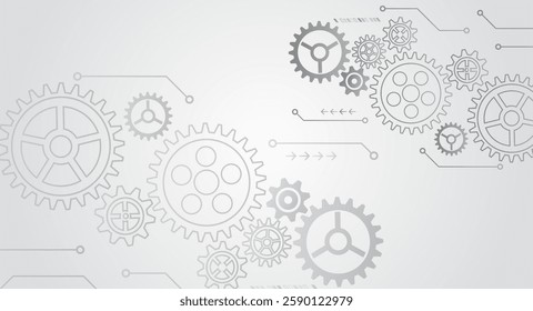 Mechanical engineering concept. Business and industry internet banner. The mechanism consisting of gears on a grey background for the presentation. Cogwheel for science experiment presentation. 