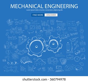 Mechanical Engineering concept with Doodle design style :physics solution, re-engineering, parts design.Modern style illustration for web banners, brochure and flyers.