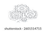 Mechanical engineering concept, gears and cogs with project drawing draft isometric 3D vector illustration, cogwheels system technology and technics machinery engine.