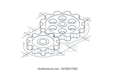 Mechanical engineering concept, gears and cogs with project drawing draft isometric 3D vector illustration, cogwheels system technology and technics machinery engine.