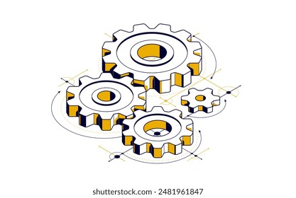 Mechanical engineering concept, gears and cogs with project drawing draft isometric 3D vector illustration, cogwheels system technology and technics machinery engine.