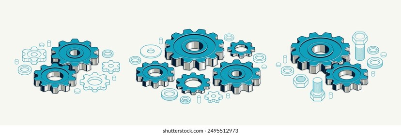 Concepto de ingeniería mecánica, Ilustración vectorial isométrica 3D de la composición de engranajes y engranajes, tecnología del sistema de ruedas dentadas y motor de maquinaria de técnicas.