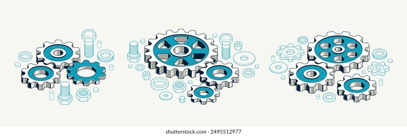 Mechanical engineering concept, gears and cogs composition isometric 3D vector illustration, cogwheels system technology and technics machinery engine.