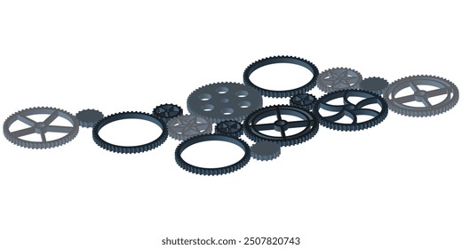 Concepto de ingeniería mecánica, Ilustración vectorial isométrica 3D de composición de engranajes y engranajes, motor de maquinaria de tecnología de sistemas de ruedas dentadas.