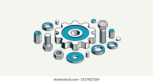 Mechanical engineering concept, gears and cogs composition isometric 3D vector illustration, cogwheels system technology and technics machinery engine.