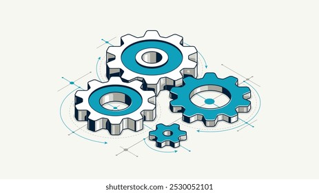 Maschinenbaukonzept, Zahnräder und Zahnräder mit Projektzeichnung Entwurf isometrische 3D-Vektorgrafik, Zahnräder Systemtechnik und Technik Maschinenmotor.