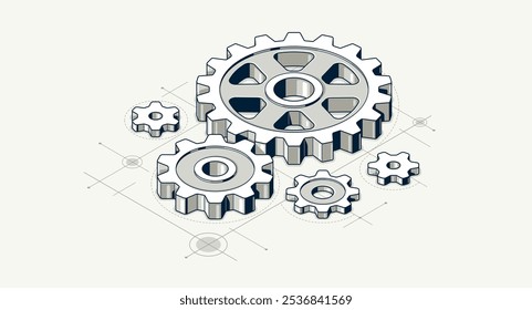 Conceito de engenharia mecânica, engrenagens e engrenagens com projeto desenho de projeto ilustração vetorial isométrica 3D, tecnologia de sistema de cogwheel e motor de máquina técnica.