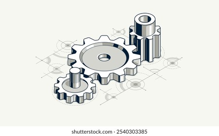 Mechanical engineering concept, gears and cogs with project drawing draft isometric 3D vector illustration, cogwheels system technology and technics machinery engine.