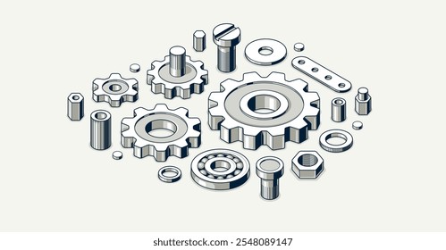 Conceito de engenharia mecânica, engrenagens e composições de engrenagens ilustração vetorial 3D isométrica, tecnologia de sistema de engrenagens e motor de maquinaria técnica.